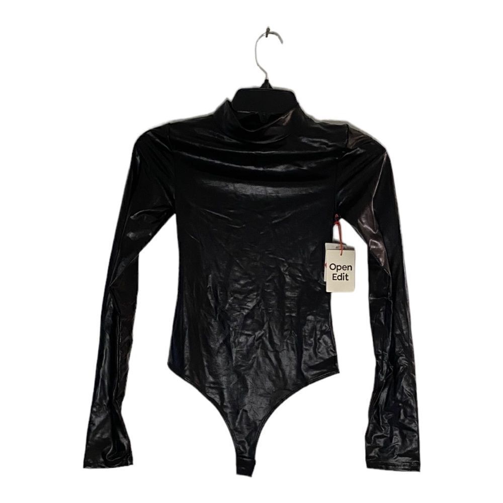 NWT Open Edit Black Faux Leather Mock Turtleneck Bodysuit XXS